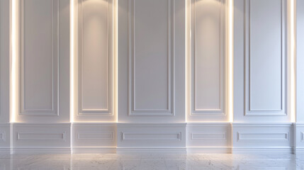 Elegant interior wall design featuring illuminated white panels with led strip lighting