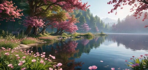 Delicate pink petals and greenery surround the lake's edge, , water's edge, serene landscape
