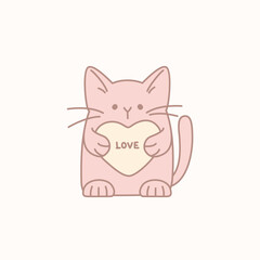 Cute pink cat  with heart vector illustration. Valentines day postcard print