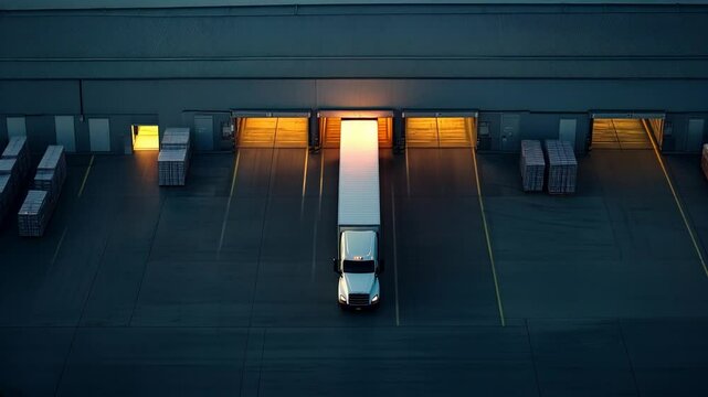 White semi-truck approaching warehouse during twilight hours, capturing logistics and transportation industry with aerial perspective at loading dock