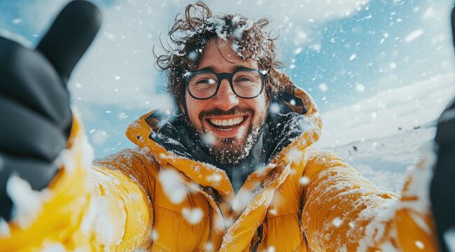 Man smiling while taking a selfie in a snowy winter landscape