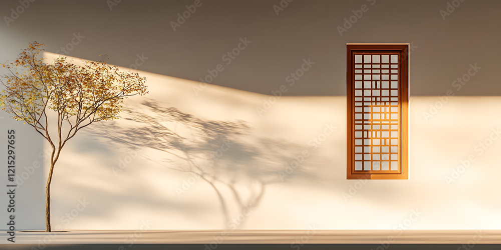 Poster sunlight streams into a minimalist room, illuminating a small tree and a lattice window. the scene e