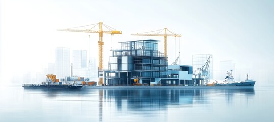 Fototapeta premium Construction of a modern building on a barge in a calm waterway with cranes at dawn
