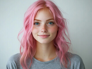 Fototapeta premium Young woman with pink hair and bright blue eyes smiling