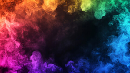 Obraz premium Colorful jets of rainbow steam spreading dynamically on a dark black background, vibrant and abstract, detailed misty texture, vivid color gradients transitioning seamlessly