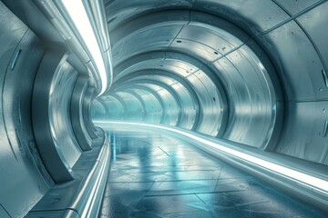 Empty sci fi tunnel with glowing blue neon lights illuminating metallic walls and floor