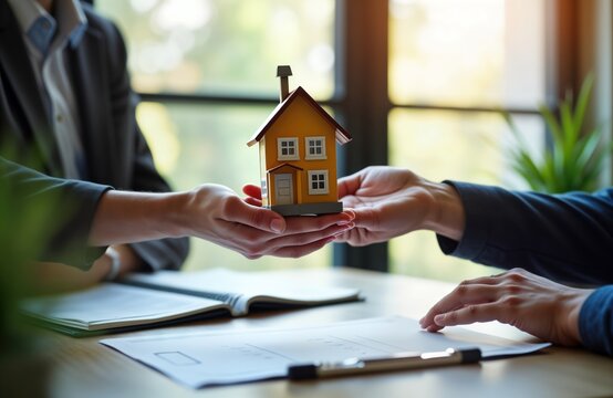 Business people exchange small house model during real estate contract agreement. Real estate agent hands over house model. Client reviews agreement documents on table in office. Inheritance deal