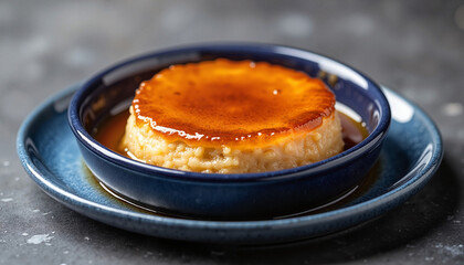 Glossy caramel flan in cobalt blue dish on reflective surface, gourmet dessert