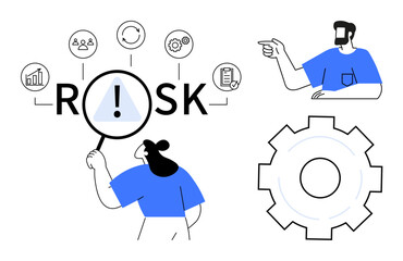 Person highlighting risk with magnifying glass, another pointing, icons of analytics, team, workflow, gear. Ideal for risk management, business strategy, teamwork process optimization data
