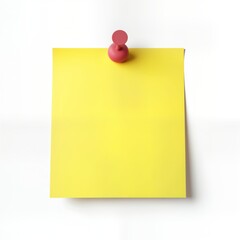 Bright yellow sticky note attached to white background with pink pushpin. Blank note ready for message. Great for office home use. Versatile item for reminders notes. Simple, clean design. Minimalist