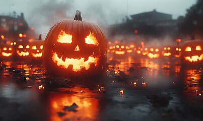 Glowing Jack-o'-lanterns in foggy street.