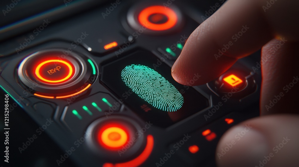 Poster register application login. futuristic fingerprint scanner with glowing buttons and a finger pressin