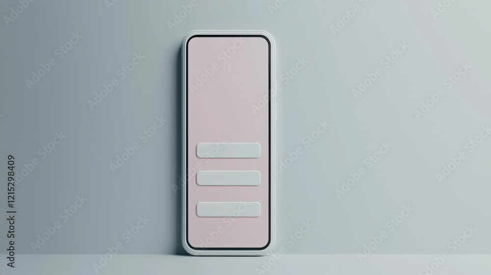 Poster register application login. minimalist smartphone on a pale background with three buttons.