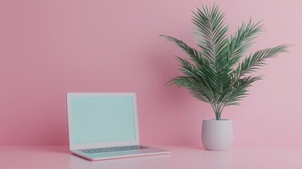 Register application login. Laptop and potted plant against a pastel pink background.