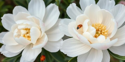 Fototapeta premium delicate white peonies flowers with a ladybird in the petals, gentle charm, floral close-up