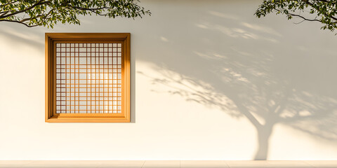 Serene minimalist exterior with a light-colored wall, a wooden lattice window, and dappled sunlight creating tree shadows.