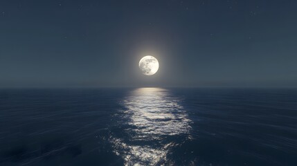 Full Moon Rising Over Calm Ocean Waters At Night