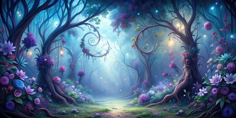 Digital art of a stylized, dreamy forest landscape with swirling vines and blooming flowers in shades of blue and purple, mystical atmosphere, fantastical flora