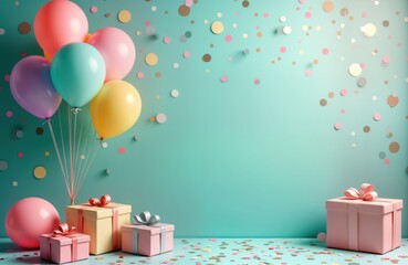 Festive backdrop for kids party. Colorful balloons, presents. Confetti scattered on teal wall. Studio shot. Ideal for birthday party planning. Fun, happy theme. Perfect for event decorations. Perfect