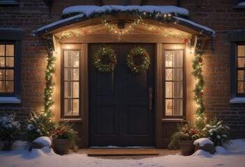 Door of country cottage covered in snow and decorated with festive garland and lights, holiday spirit, snowy entrance