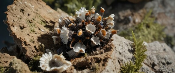Closeup of Acorn barnacle Semibalanus balanoides with its feathery peduncle, marine life, shellfish, benthic organisms