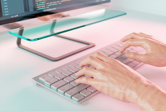 Person's hands typing code on a computer keyboard, showcasing software development.