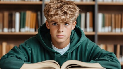 student with curly hair sits at a table, deeply engaged in reading a book. library surrounds him with shelves filled with books, creating a calm atmosphere for study and concentration