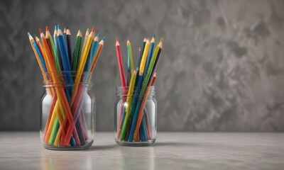 Obraz premium Colored pencils in a glass jar with a studio background, stationery collection, painter tools, glass container
