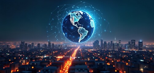 Obraz premium Global network concept at night. Digital earth image overlaid on city skyline. City lights show global connectivity. Abstract illustration shows global business connections. Modern tech, global