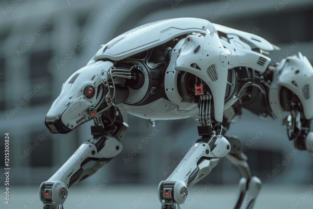 Poster futuristic robot dog patrolling urban environment, showcasing advanced robotics and ai integration