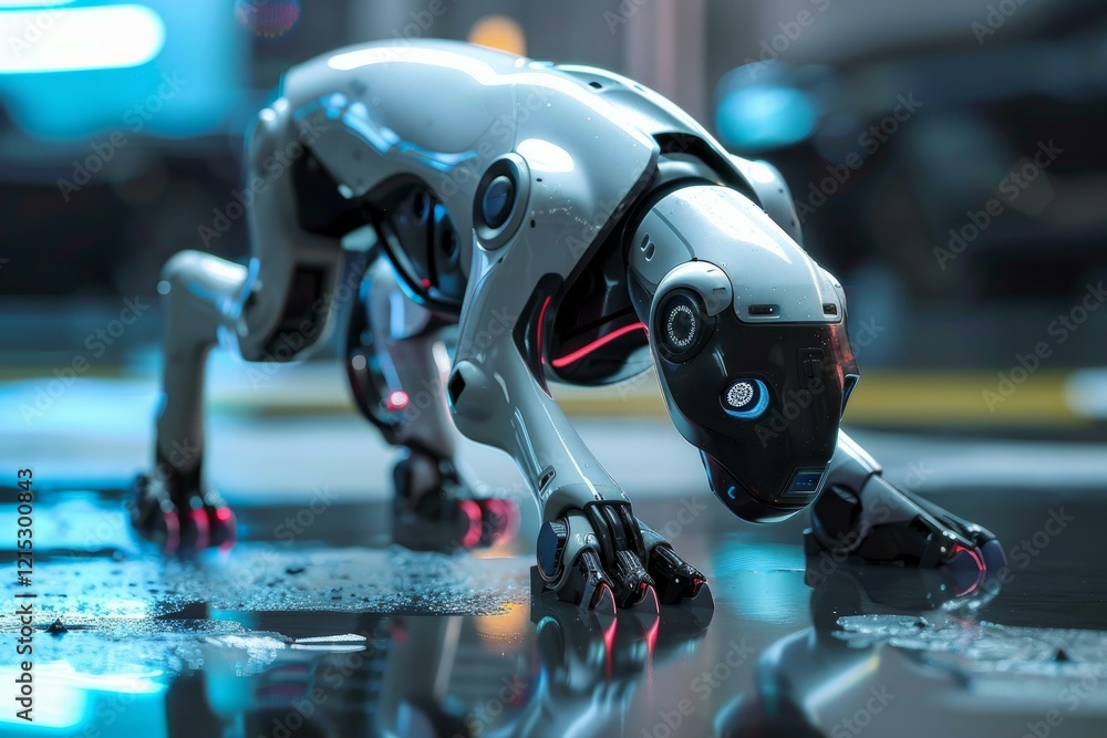 Poster white and black robot dog crouching in a high tech laboratory, showcasing cutting edge robotics and 