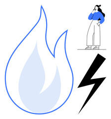 Naklejka premium Woman with hand on chin wearing blue top beside a large flame icon and jagged lightning bolt. Ideal for energy themes, decision making, power, strength, thinking, innovation, metaphor. Clean