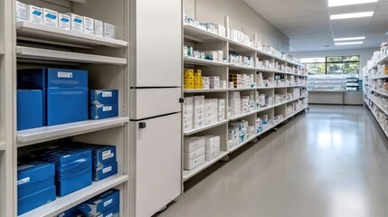 Fototapeta premium Well-organized pharmacy interior featuring neatly arranged shelves with various medication and health products during daytime