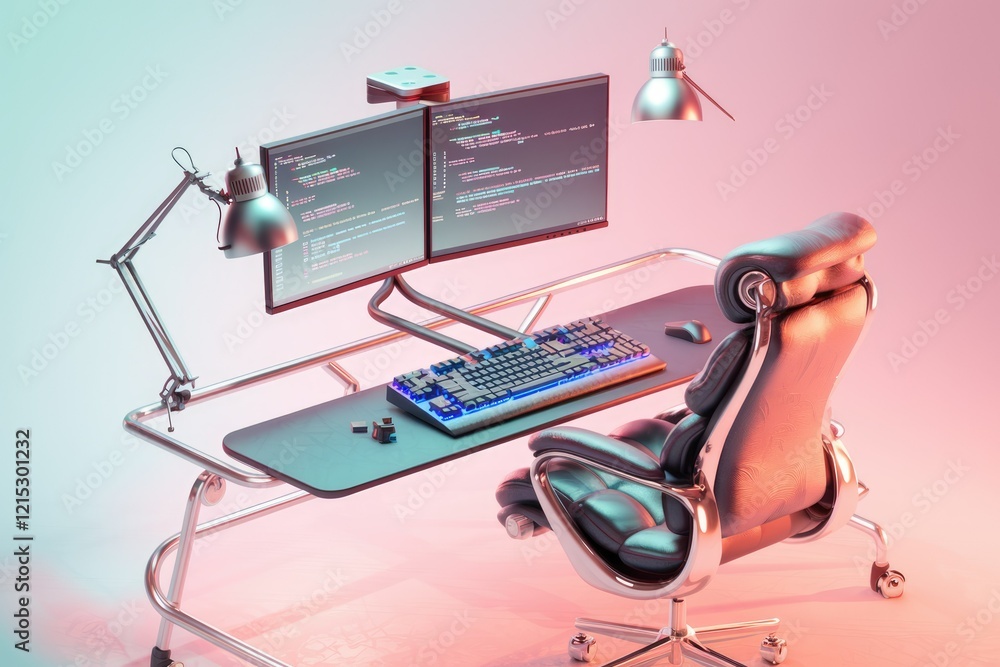 Poster A modern programmer's workspace featuring dual monitors displaying code, a comfortable chair, and ergonomic peripherals.