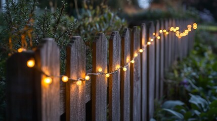 Wooden fence adorned with warm glowing string lights in a garden setting
