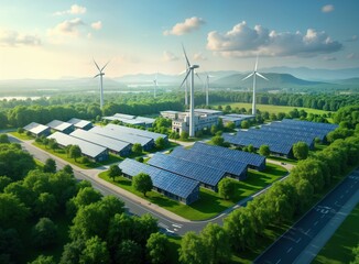 Eco friendly data center complex with solar panels, wind turbines. Sustainable tech innovation. Green energy powering modern computing. Renewable energy sources. Sustainable tech solutions for