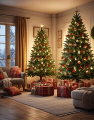 Cozy living room with a decorated Christmas tree and festive holiday decor, christmas tree decorating, warm glow