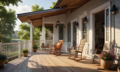 Fototapeta premium Farmhouse with large porch and rocking chair on the balcony, , rocking chair, garden