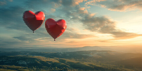 Fototapeta premium Floating Heart-Shaped Balloons Over a Scenic Landscape