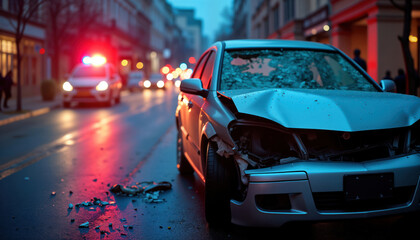 Nighttime car accident scene shows damaged vehicle on city street. Emergency lights flashing. Broken glass, debris trash road. Police car on scene. Urban accident. Potential accidents in urban