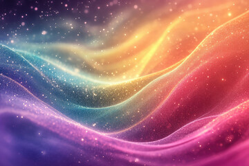 Abstract colorful waves of glittering particles, resembling a cosmic nebula or vibrant energy flow.