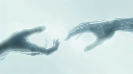 Fototapeta premium Two translucent hands reaching towards each other in a digital space