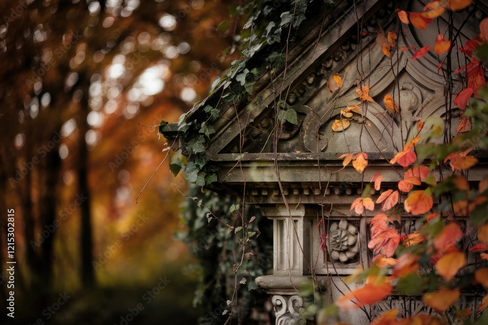 Poster autumn leaves adorn an old, ivy-covered stone structure in a tranquil forest setting.