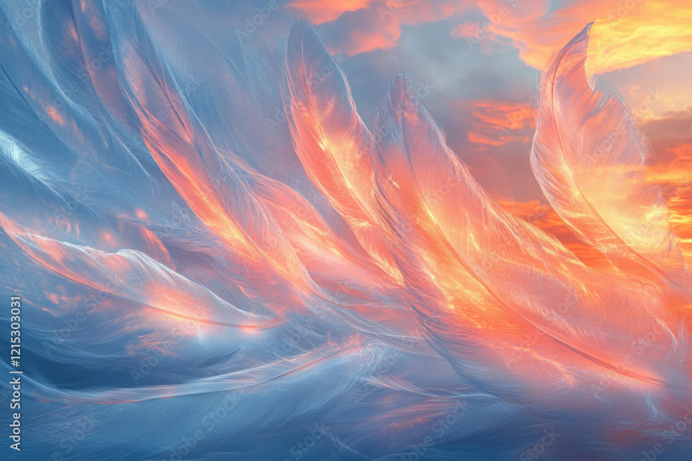 Poster abstract image of ethereal feathers illuminated by a vibrant sunset, creating a dreamy, celestial at