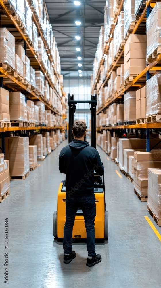 Poster a worker operates a forklift in a bustling warehouse during the daytime, surrounded by an array of s