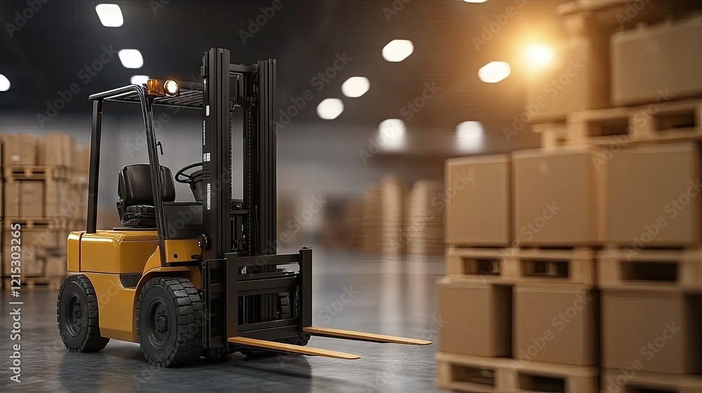 Poster a forklift is strategically positioned within the busy warehouse during the afternoon hours, surroun