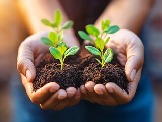 Hands holding young plants in rich soil during daylight