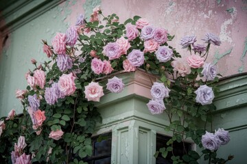 A vibrant rose vine in pink and purple hues adorns a weathered building, creating a romantic scene.