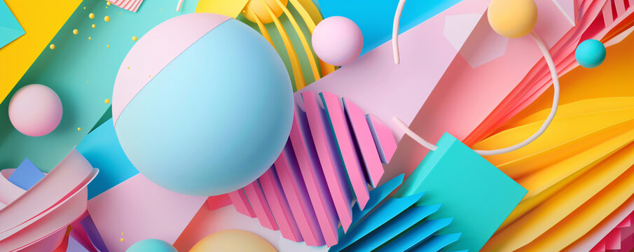 Vivid 3d render with colorful geometric shapes creating a dynamic, playful background
