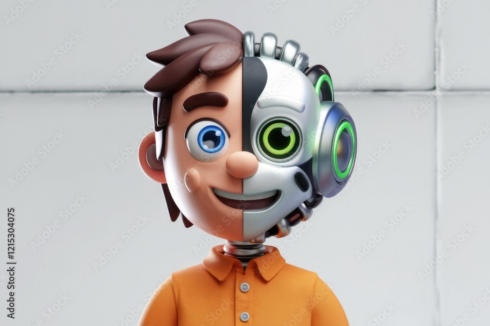 Poster A 3D render of a boy with one side of his face replaced by a robot, symbolizing AI integration.